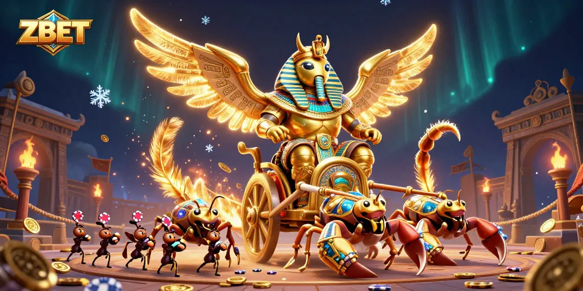 ZBET attracts players with thrilling gaming action featuring a giant golden scarab beetle and ant soldiers.