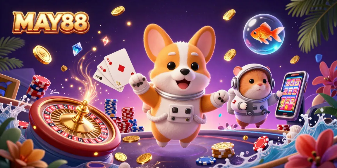 MAY88 offers an exciting casino experience with vibrant slots and games, showcasing dynamic characters.