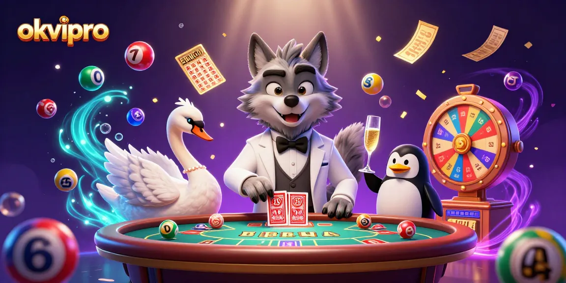 Experience the vibrant casino world with okvipro as characters enjoy a thrilling baccarat game surrounded by dynamic gambling elements.