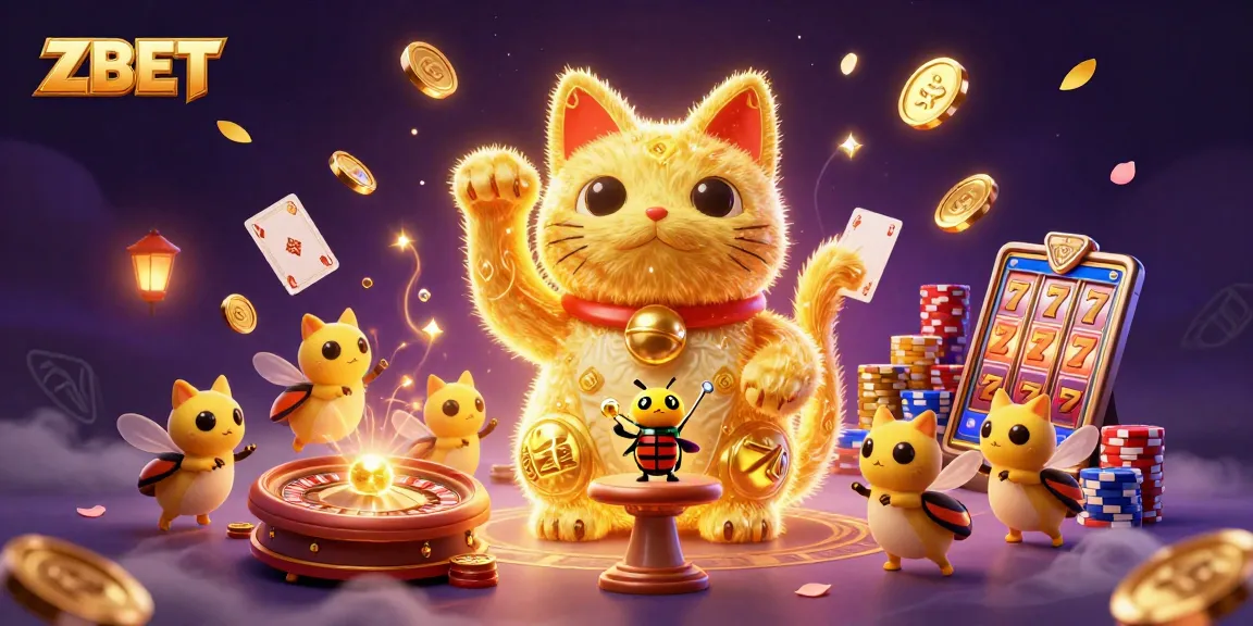 ZBET offers a vibrant casino experience with a giant lucky cat made of golden fireflies, amidst coins and cards.