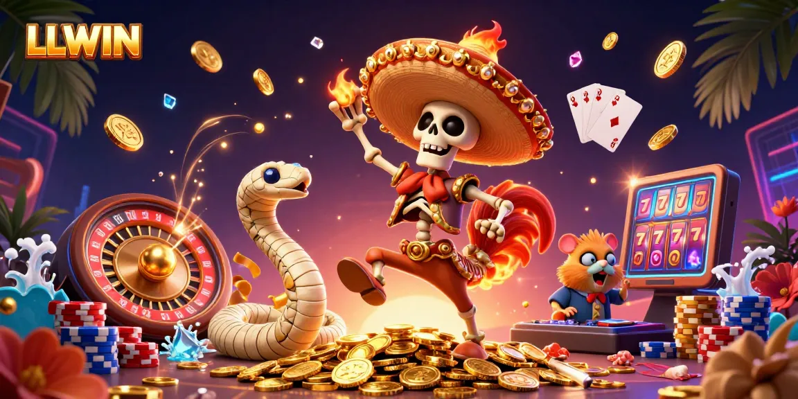 LLWIN captivates with a vibrant casino scene where a skeleton mariachi rooster dances amidst a swirl of golden coins and dazzling gems.