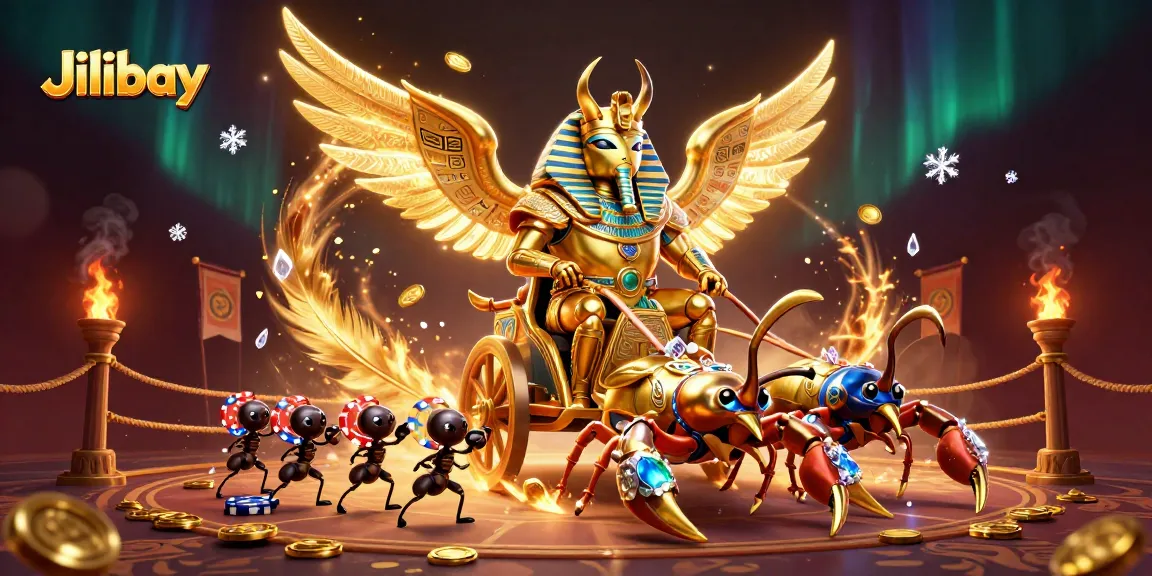 Jilibay offers premium gaming experiences with a golden scarab beetle leading a vibrant 3D casino adventure.