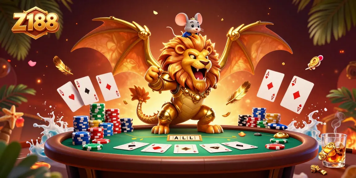 Z188 offers a thrilling gaming experience with a golden chimera and poker elements in action.
