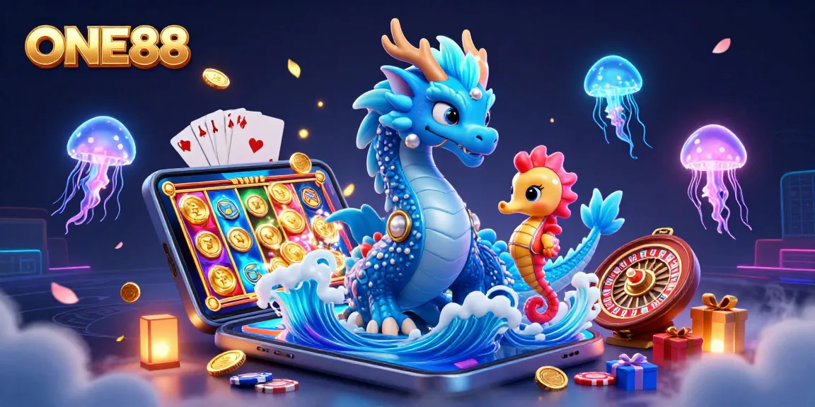 Experience the thrilling world of ONE88, featuring dynamic characters and vibrant casino elements in a captivating 3D illustration.
