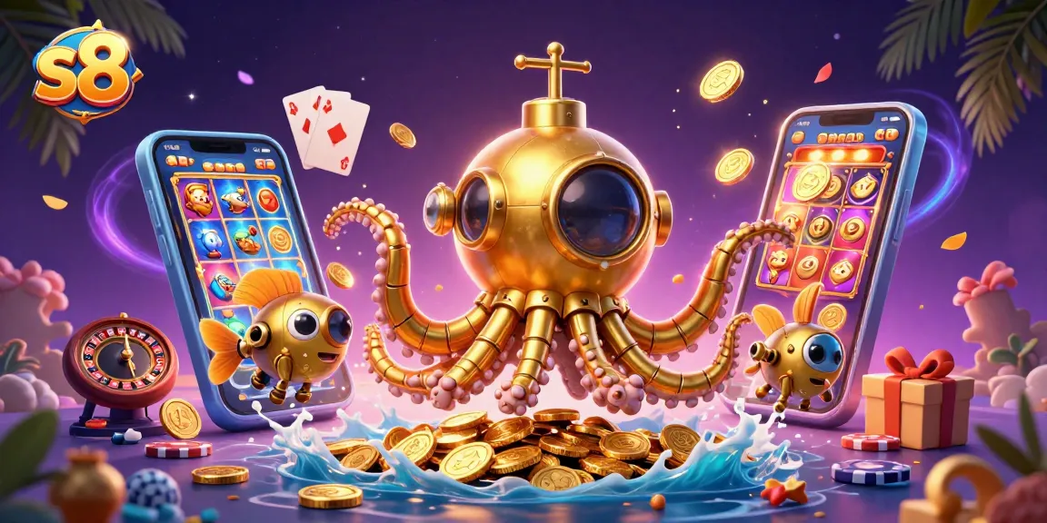 Experience thrilling gaming excitement with S8's vibrant slot game scene and golden submarine.