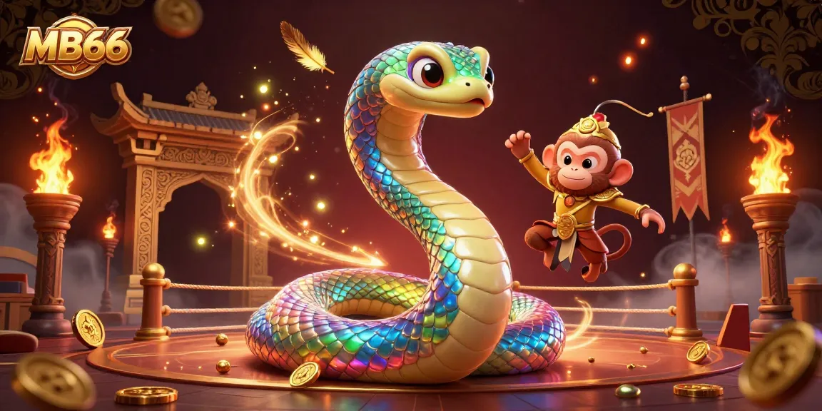 Experience the excitement at MB66 with a vibrant scene of a rainbow serpent, fiery elements, and a playful monkey king.