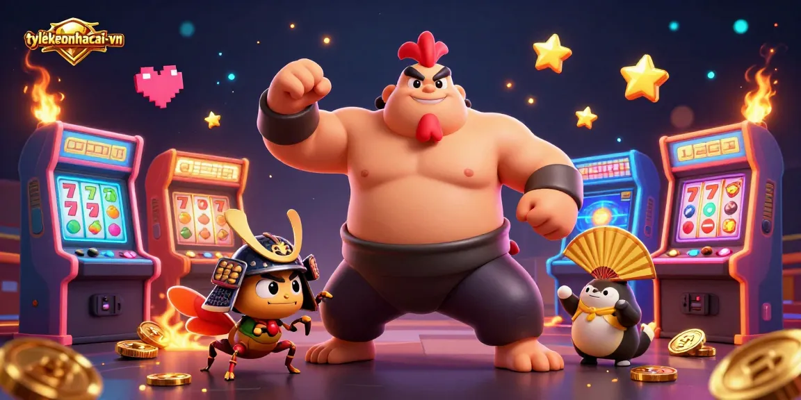 Experience excitement at tylekeonhacai-vn with a powerful sumo wrestler rooster amidst vibrant casino elements.