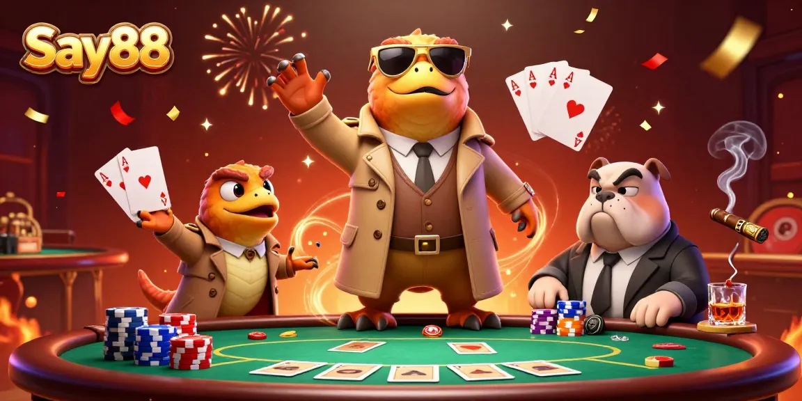 Experience high stakes at Say88 with cartoon raptors entering a VIP lounge, poker elements around them.