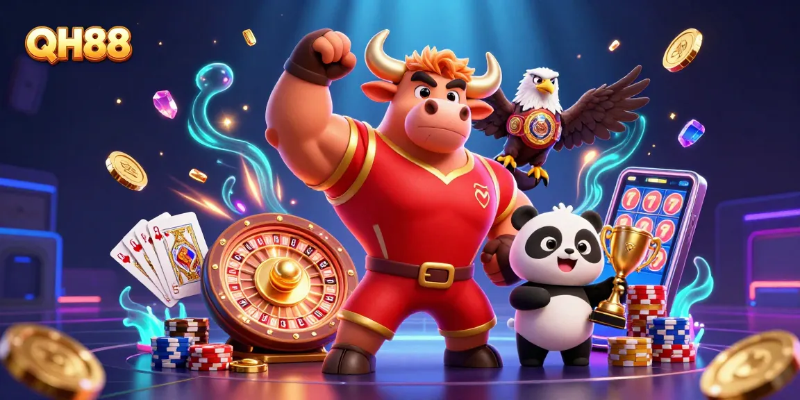 Experience QH88's vibrant gaming atmosphere with lively characters and dynamic casino elements.