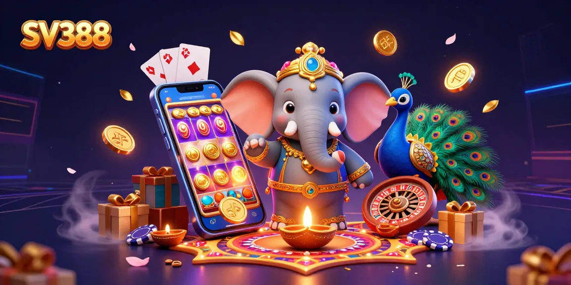 Experience SV388's vibrant Diwali-themed casino scene with colorful slots and festive elephants.