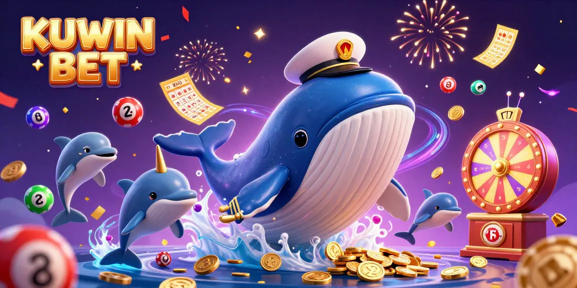 Engage in the fun of KUWIN BET, featuring a whale captain, a narwhal, and dolphins amidst winning lottery dynamic elements.