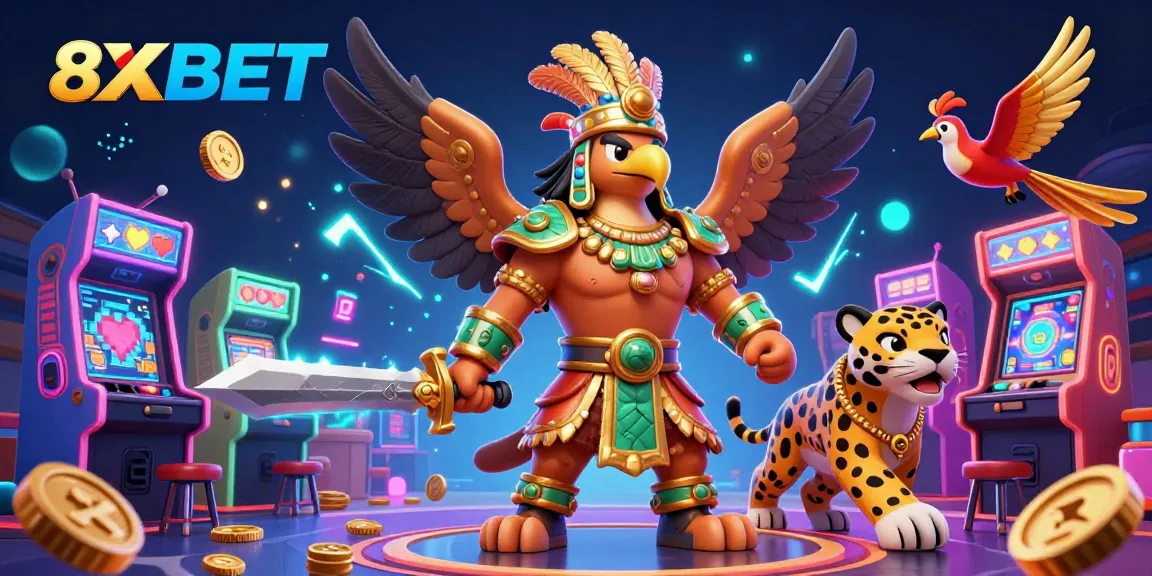 Experience thrilling gaming action at 8XBET with vibrant characters and dazzling casino elements.