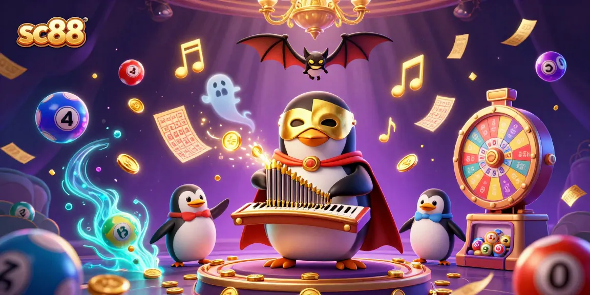 Experience sc88's thrilling atmosphere with a 3D penguin organist amidst vibrant lottery games and golden coins.