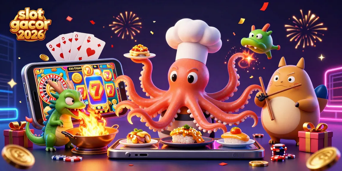 Mainkan slot gacor 2026 dengan ilustrasi 3D koki sushi dan naga menakjubkan yang dikelilingi elemen kasino.
