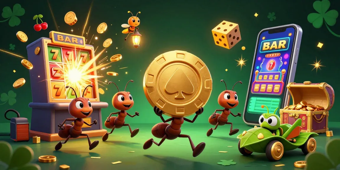 Experience thrilling slots action at okfun com with animated ants heisting a giant golden poker chip.