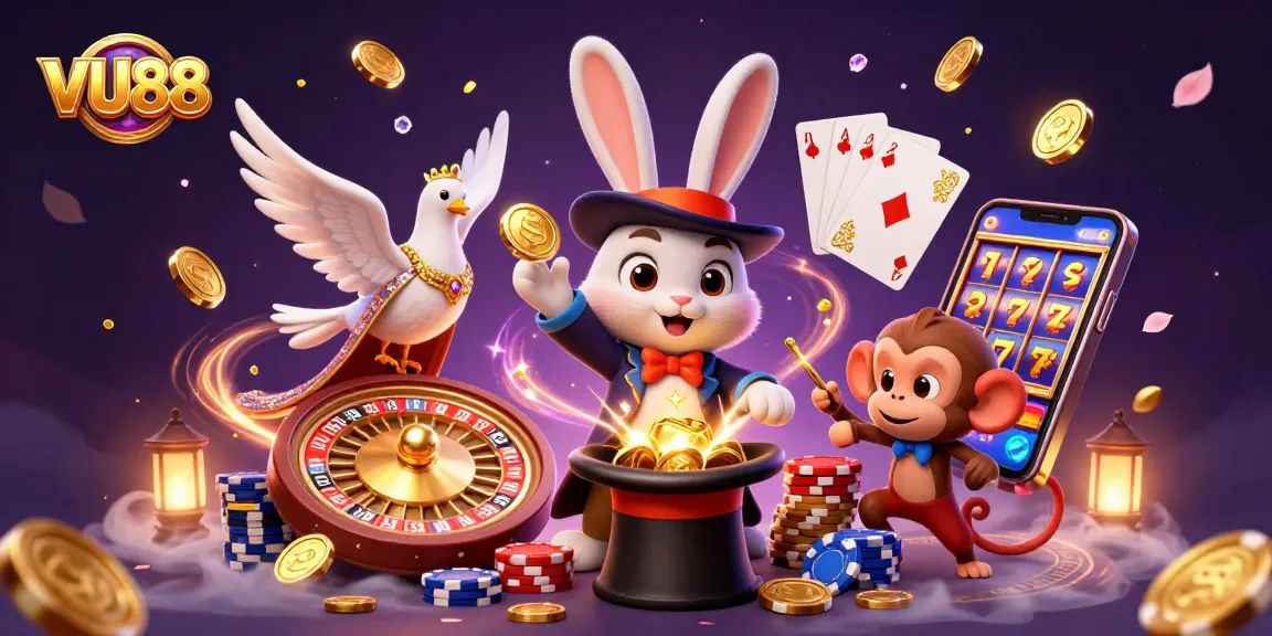 Experience the excitement of VU88 with a 3D magician rabbit pulling golden coins, showcasing dynamic casino elements.