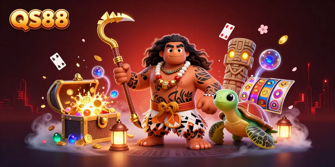 Experience the excitement of QS88 with a vibrant 3D scene featuring a demigod, turtle, and golden treasures illustrating online gaming fun.