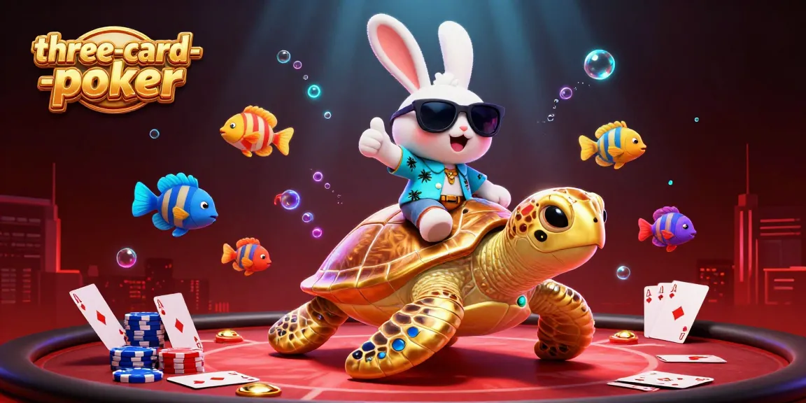 Experience the excitement of three-card-poker in this vibrant illustration featuring a lucky rabbit and a golden turtle.