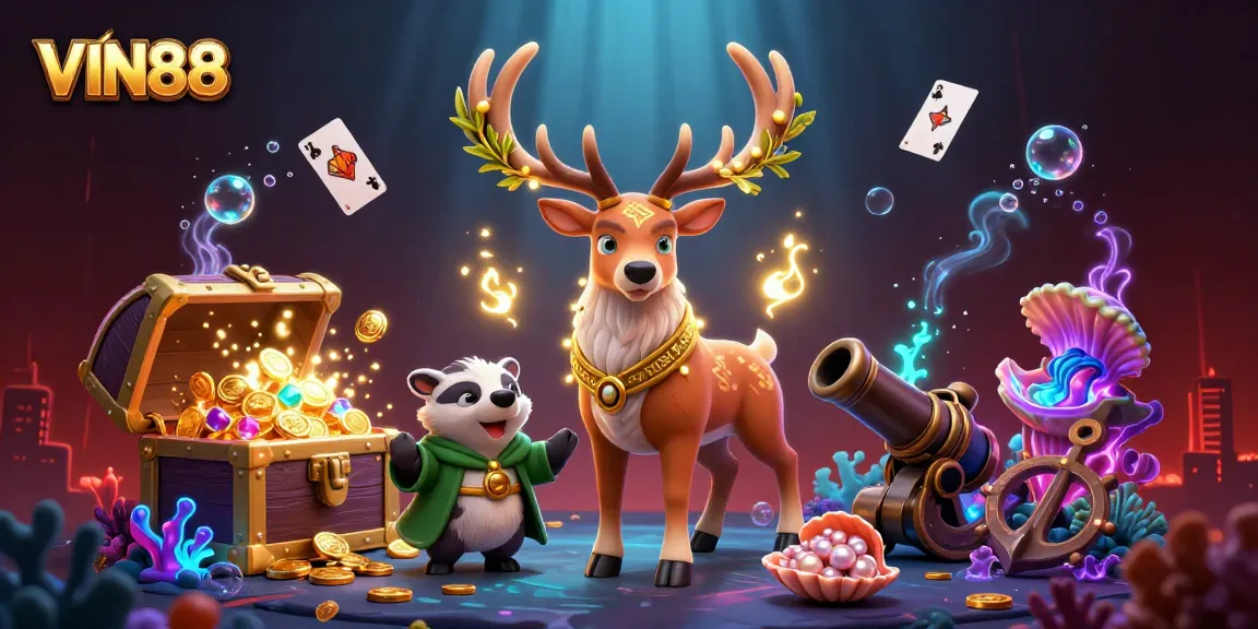 Experience thrilling gaming at VIN88 with a rich casino illustration featuring enchanting characters and vibrant action.