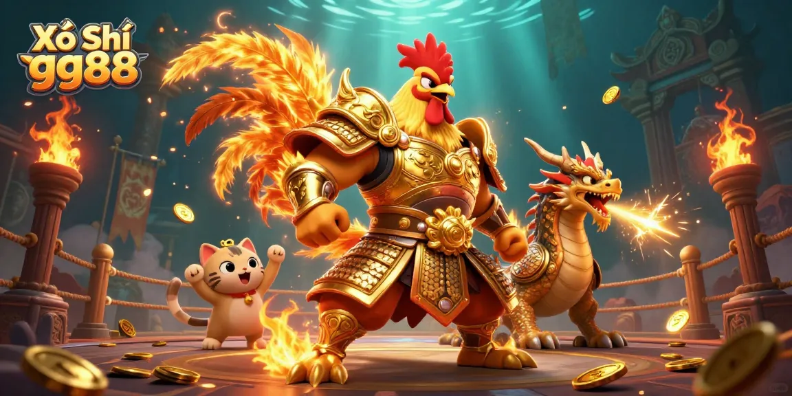 Xổ Số gg88 features a fierce rooster warrior and dragon, showcasing exciting online lottery action.