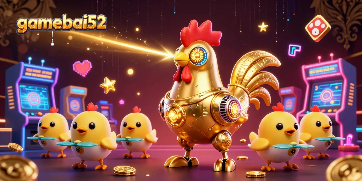 Gamebai52 delivers an exciting neon-lit scene of a golden rooster robot amidst vibrant gaming elements.