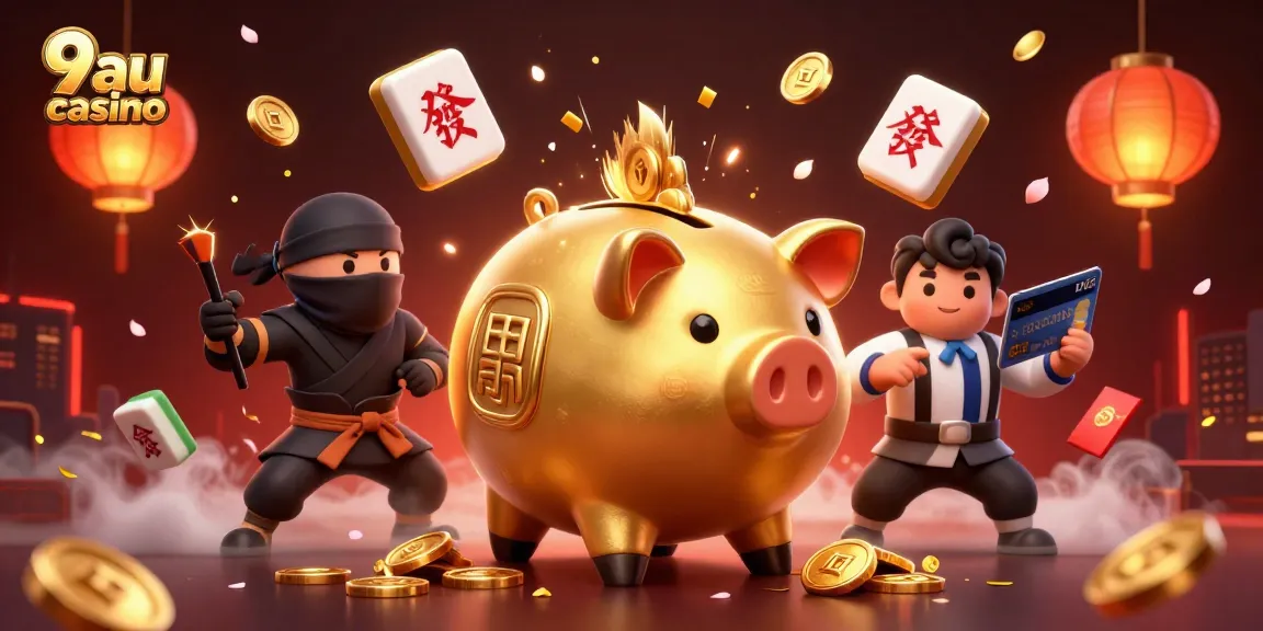Experience 9au casino excitement with a fun-filled 3D illustration of golden characters and games.