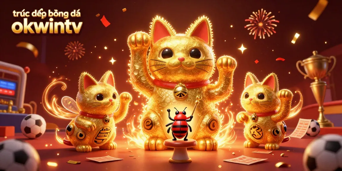 Engage with trực tiếp bóng đá okwintv, showcasing a lively scene with sports elements and a golden lucky cat.
