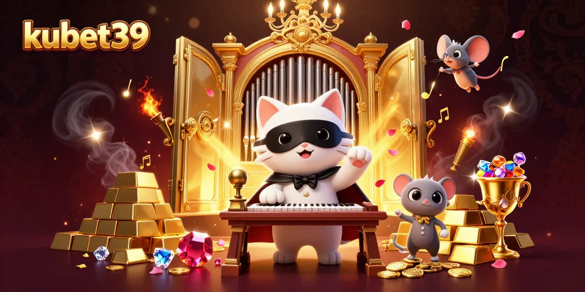 Experience the thrill at kubet39 with a magical casino scene featuring a phantom cat and treasures.