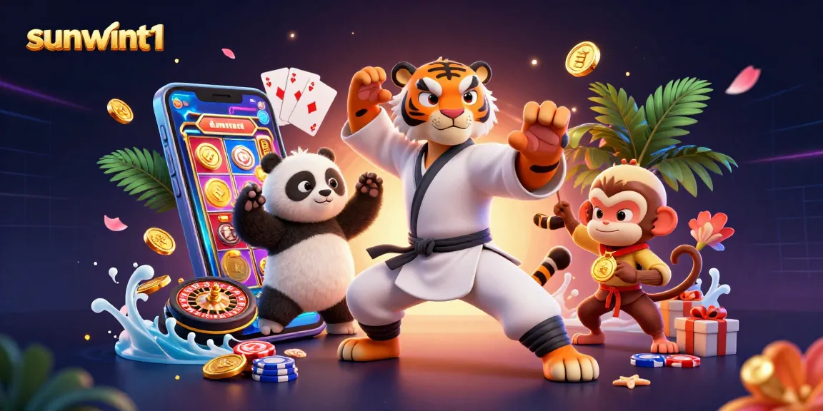 Experience thrilling wins at sunwint1 with a vibrant 3D casino scene featuring charming characters.