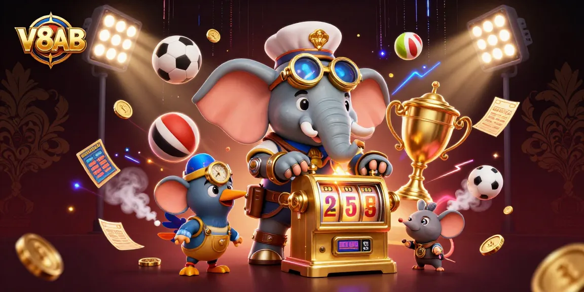 Experience thrilling gameplay at V8AB with a steampunk elephant operating a slot machine.
