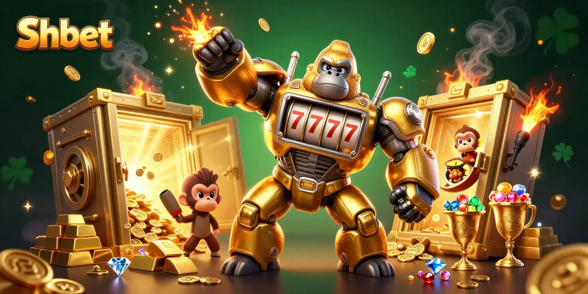Experience thrilling winnings at Shbet with a golden gorilla mech smashing through coins and treasure!