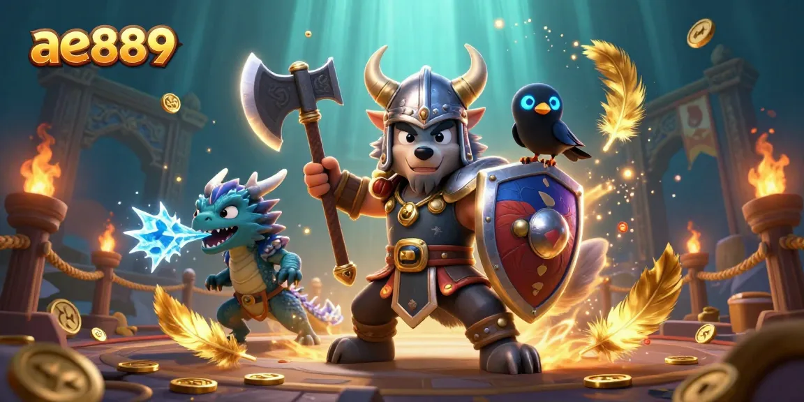 Bet on thrilling adventures with ae889 featuring a Viking wolf warrior and fierce dragon in a rich casino scene.